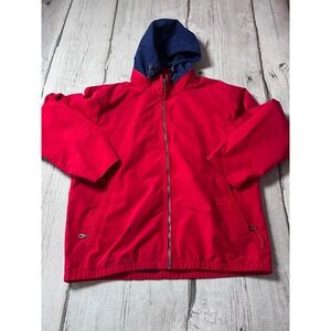 Lands' End Windbreaker Jacket Mens Large Red Navy Blue Hooded Full Zip